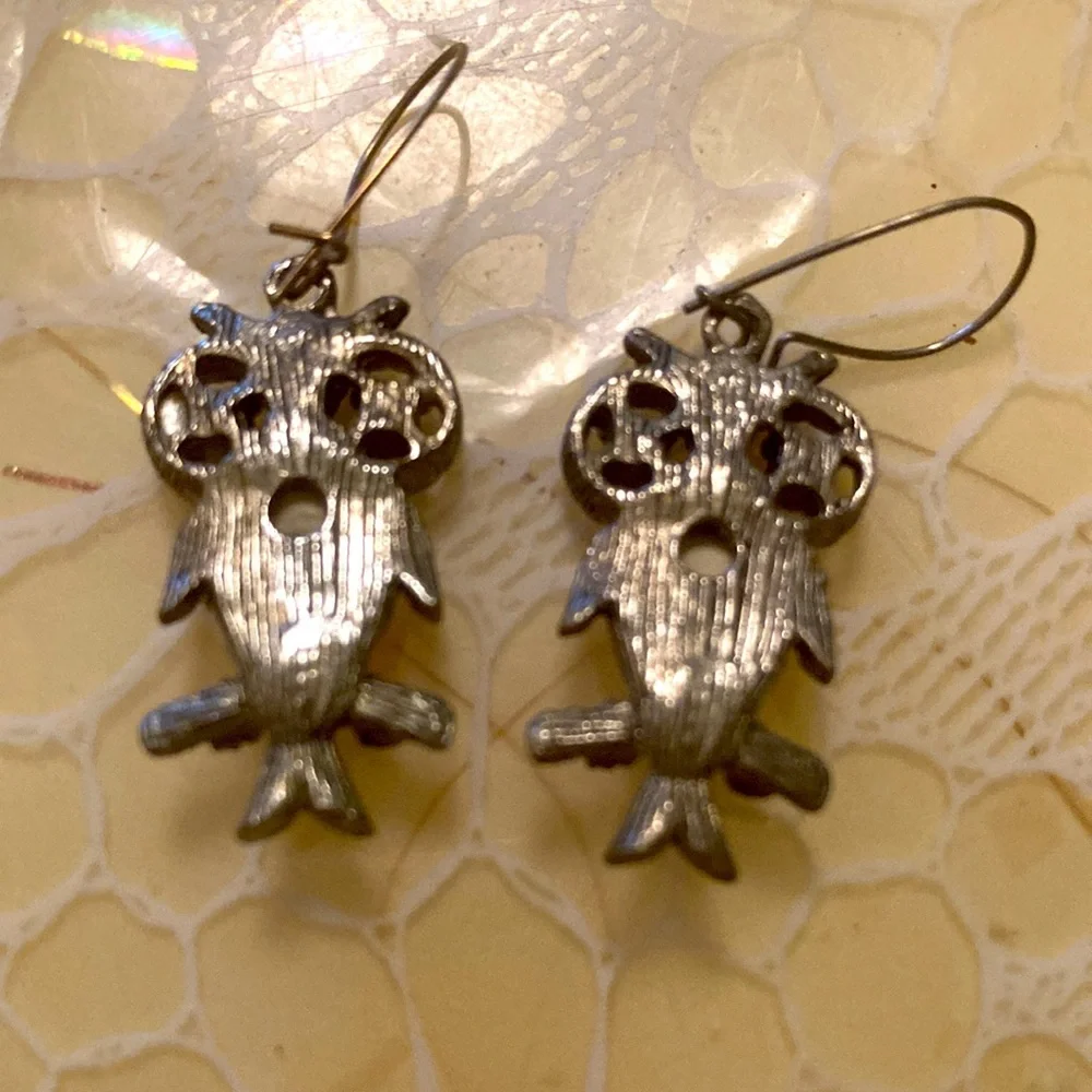 Vintage Owl Drop Earrings with White and Orange Stone Accents